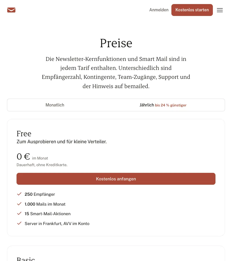 Die Preisseite von bemailed am Telefon