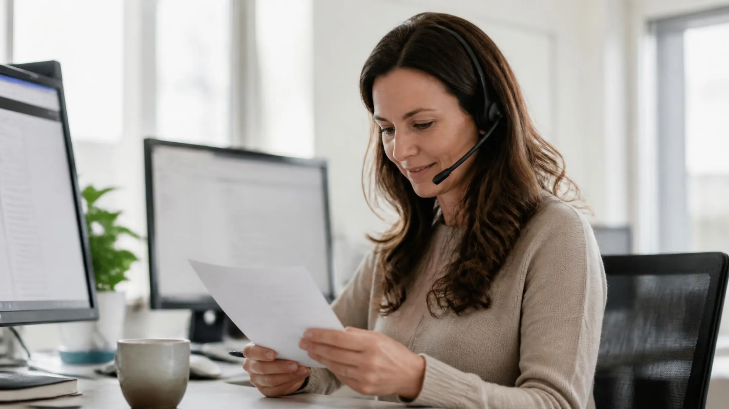 A legal assistant with a headset reads a letter at her desk