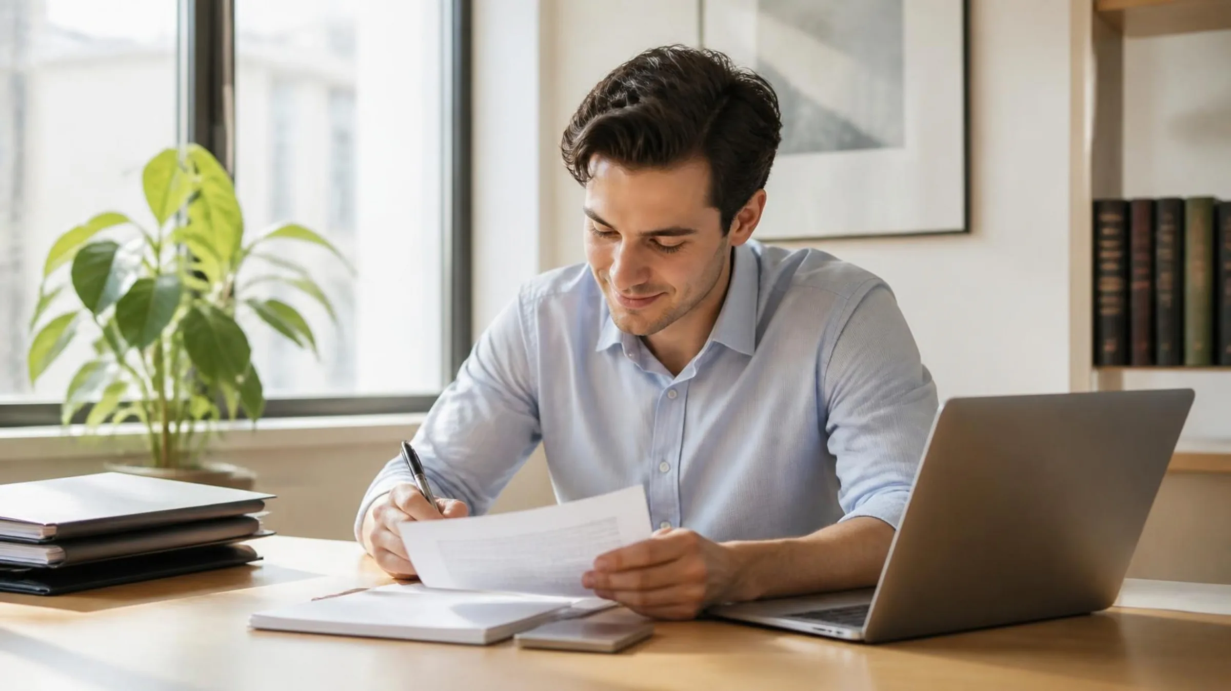 An associate reads a lengthy contract and takes notes