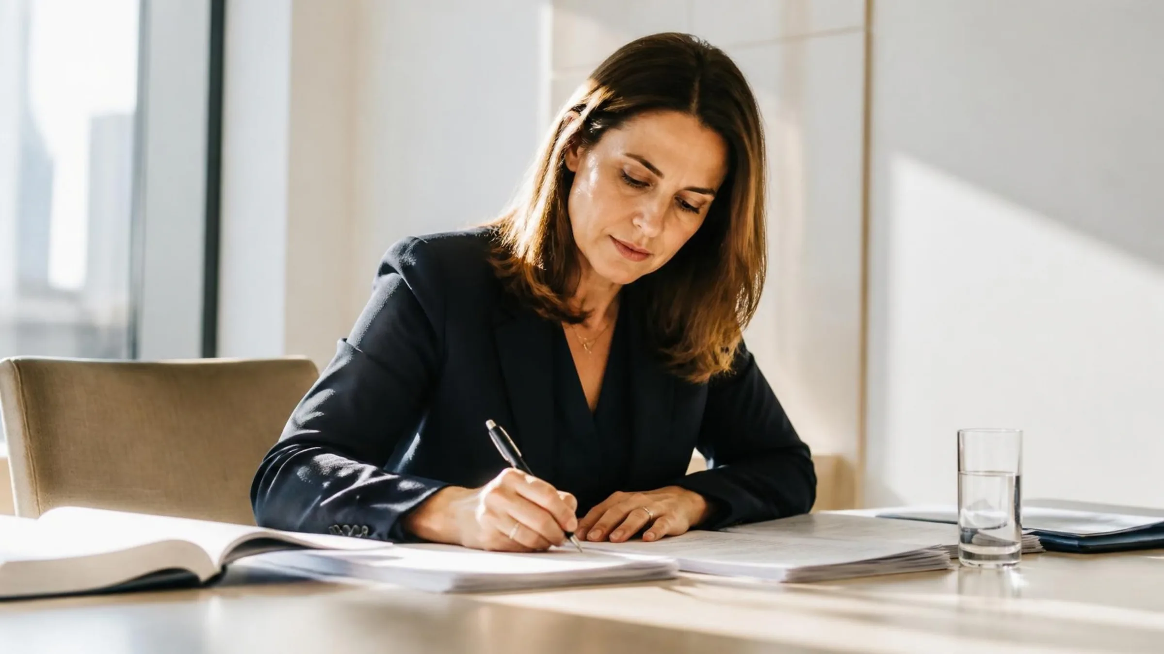 A lawyer prepares for an oral hearing at a bright meeting table