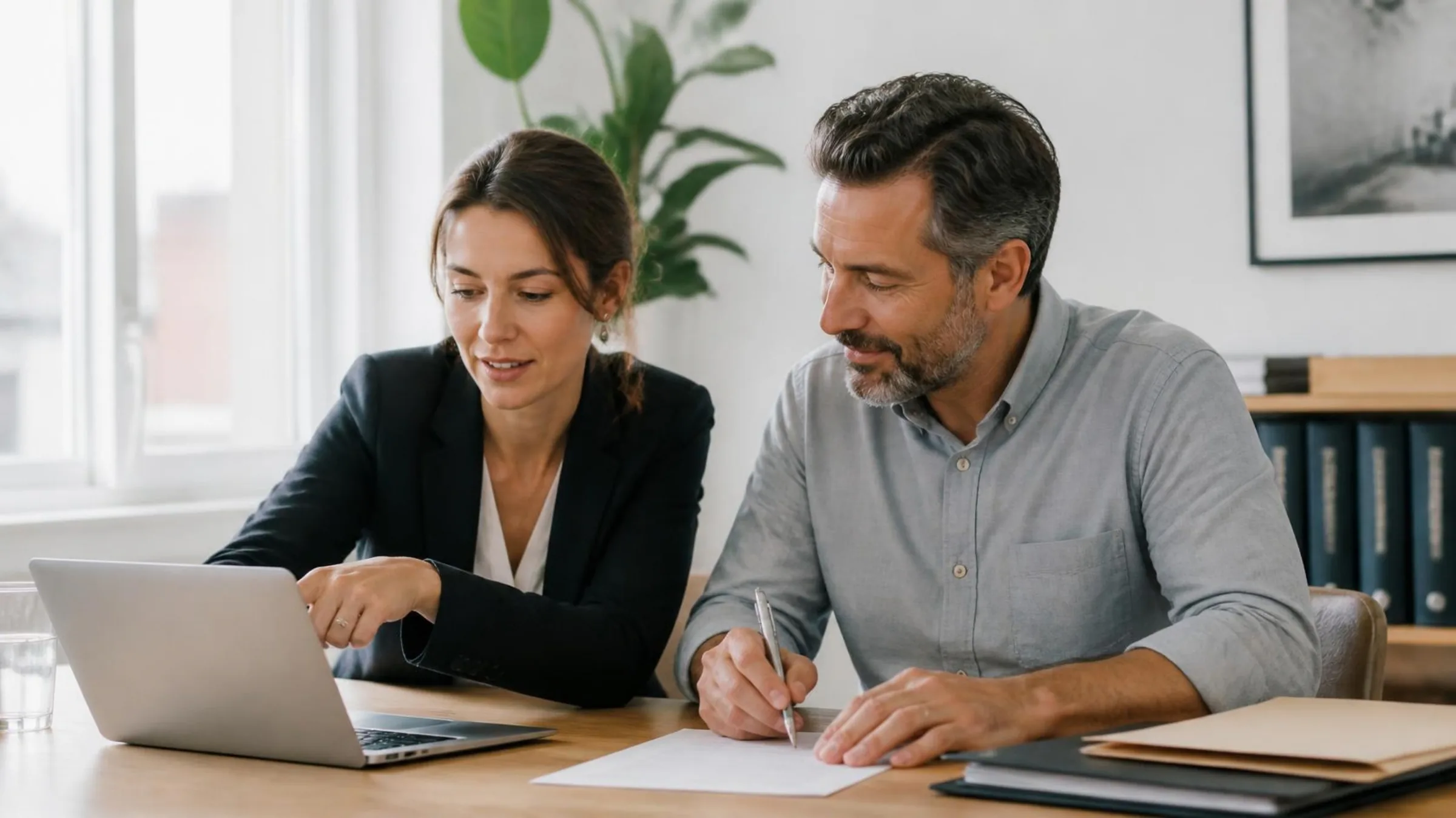 An associate and a colleague from the legal assistant team work together on a laptop