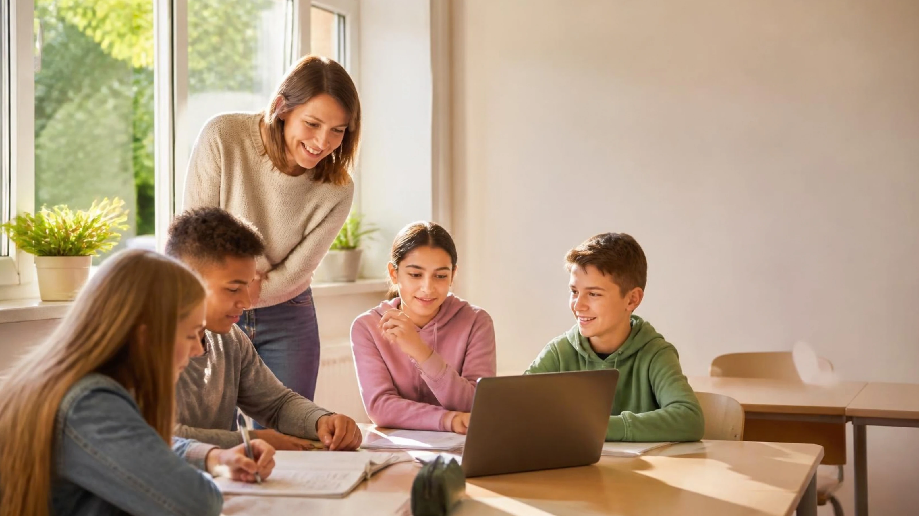 Lehrerin begleitet eine Klasse bei der Arbeit am Laptop