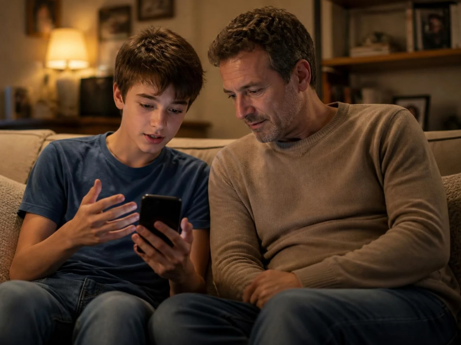 Ein Vater und sein Sohn sprechen auf dem Sofa über das Smartphone
