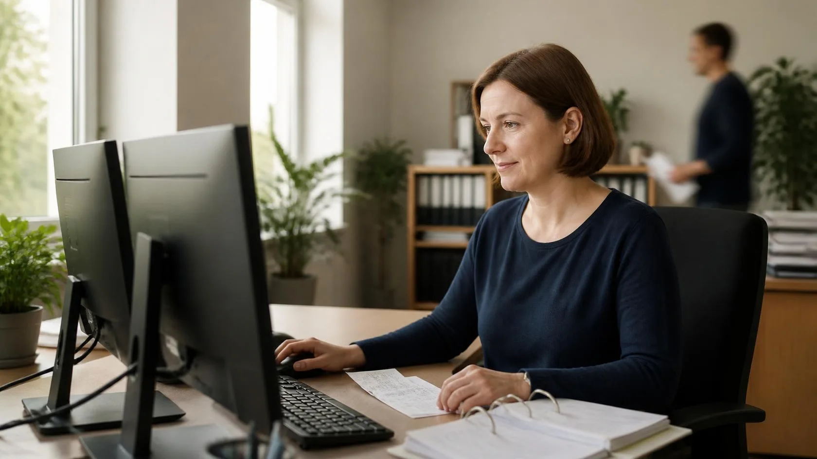 A tax clerk works with concentration at two screens