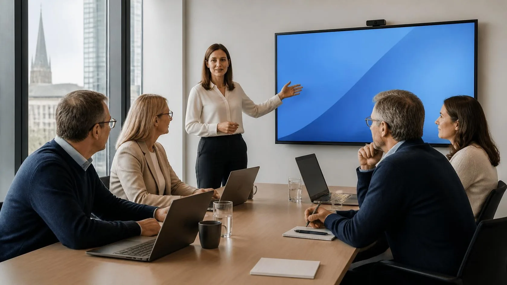 A trainer explains to a firm team on screen how AI works