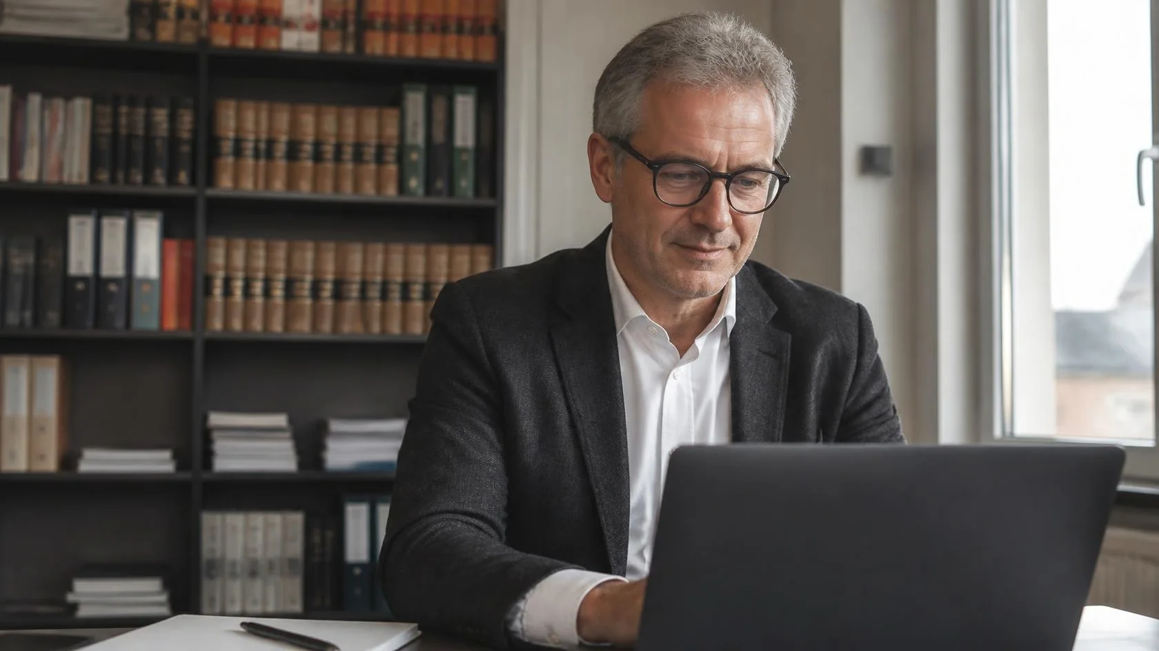 A tax adviser reads on his laptop, a shelf of reference books behind him