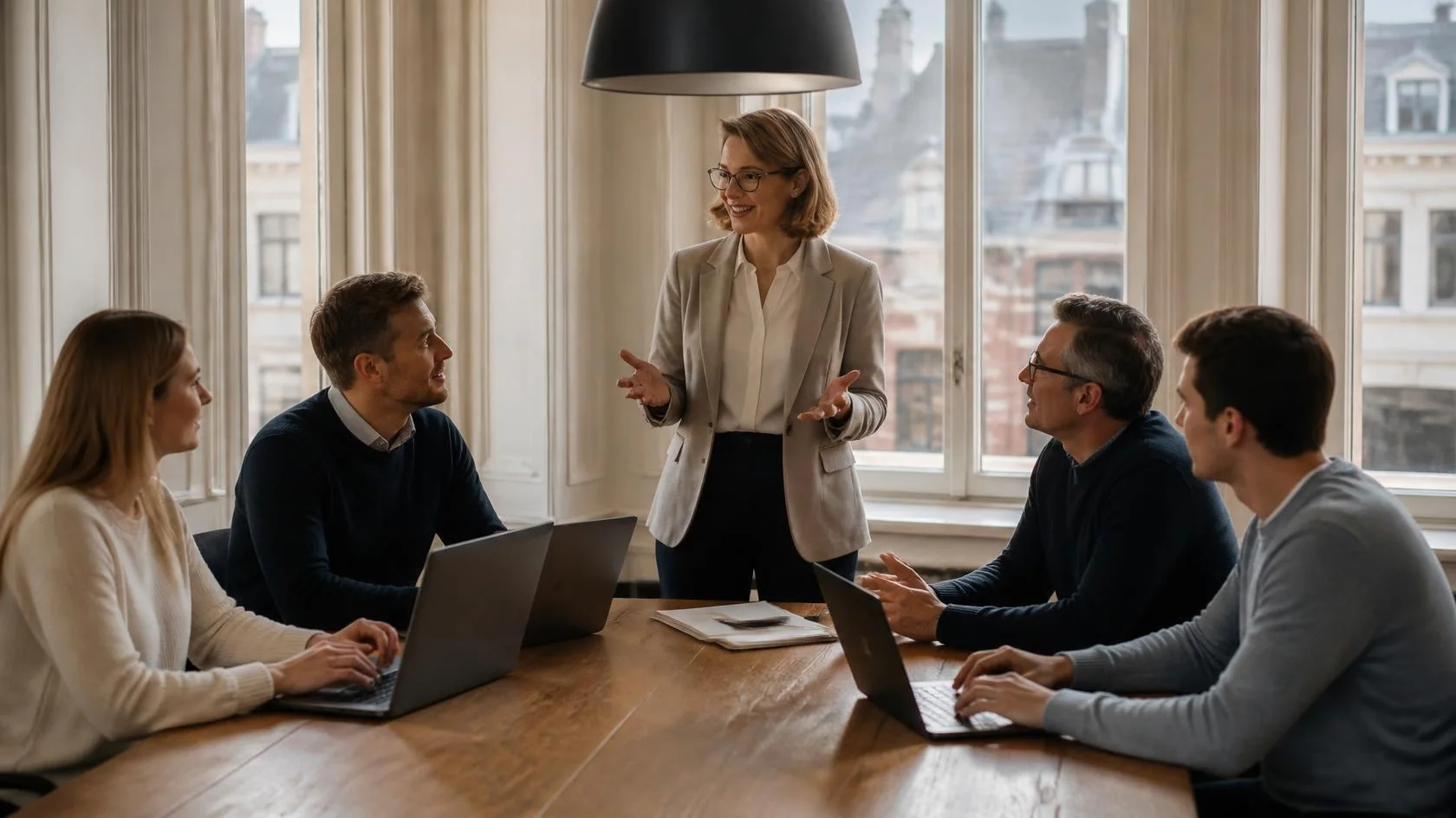 A firm team discusses shared rules at the meeting table