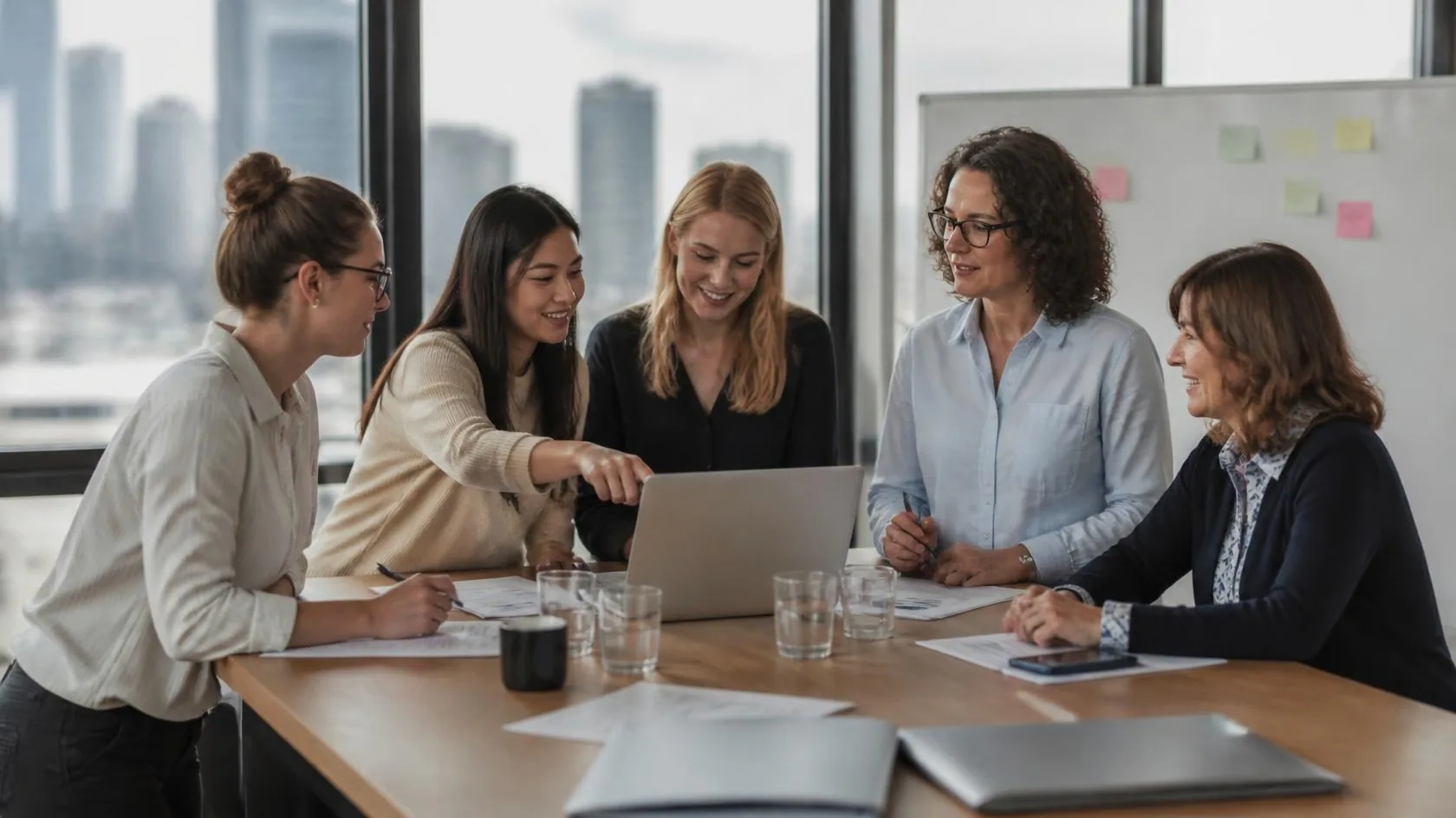 Ein Kanzleiteam probiert im Workshop gemeinsam KI am Laptop aus