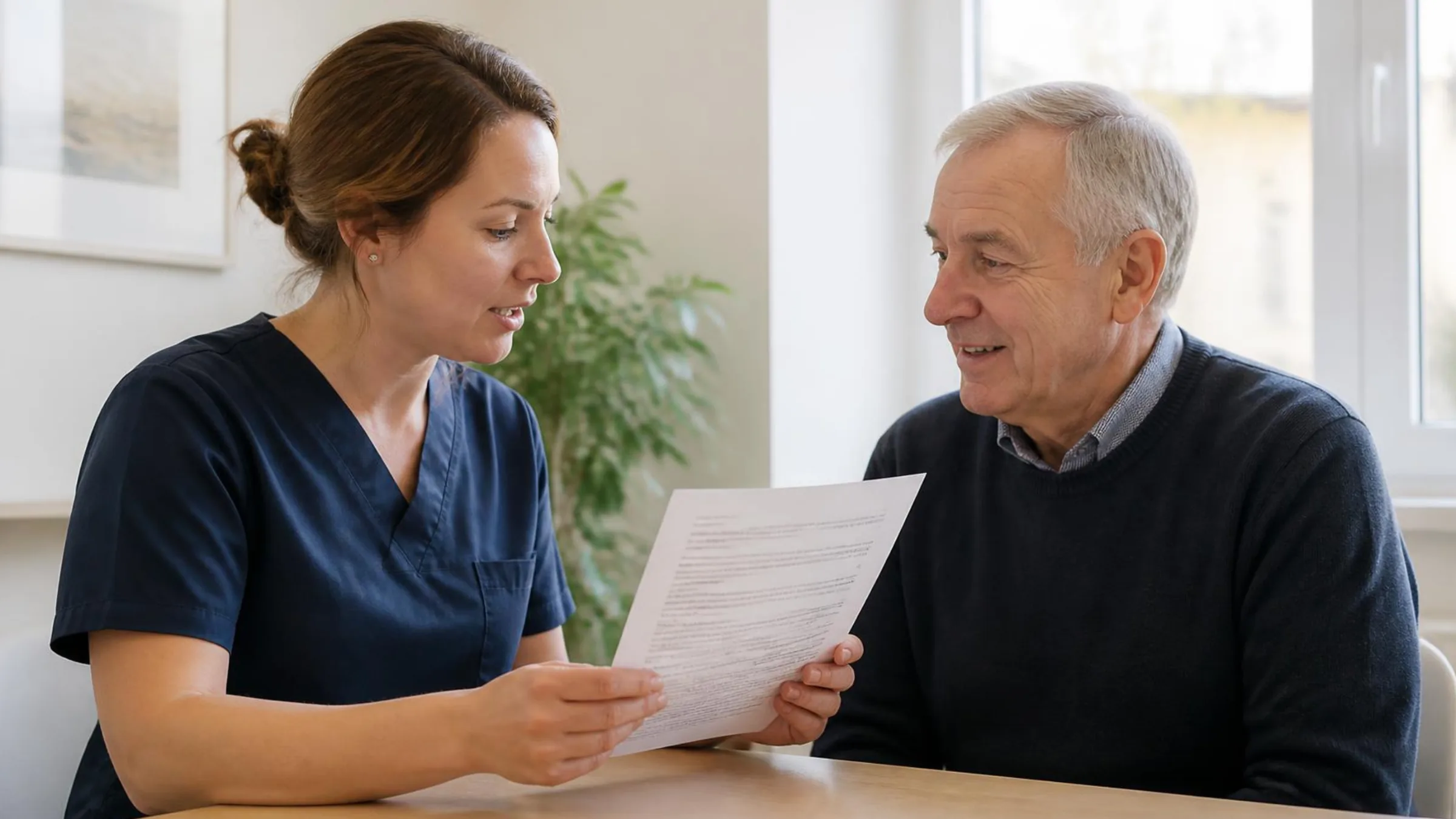 Eine MFA erklärt einem älteren Patienten ein Informationsblatt