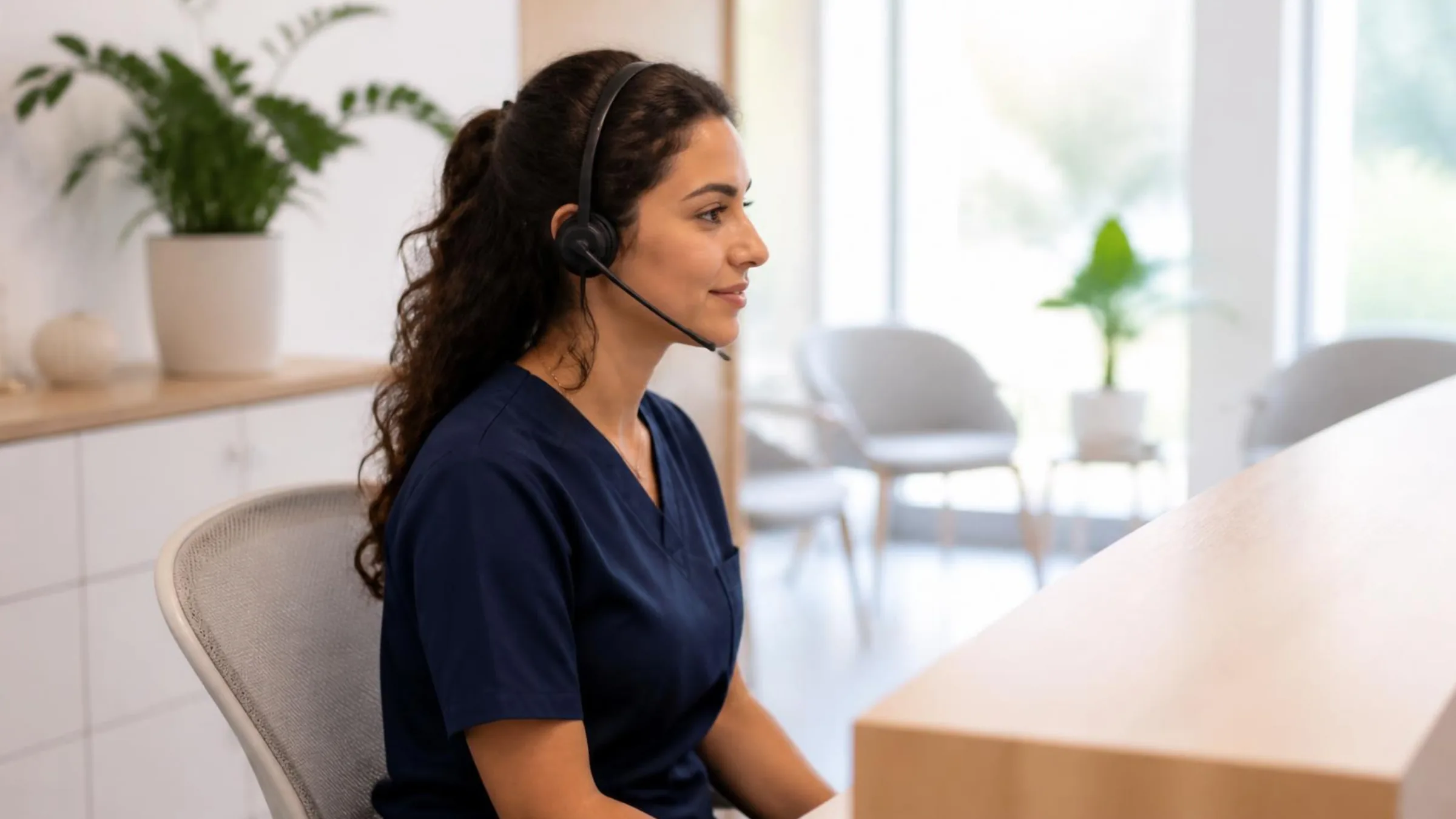 Eine MFA mit Headset telefoniert am Empfang