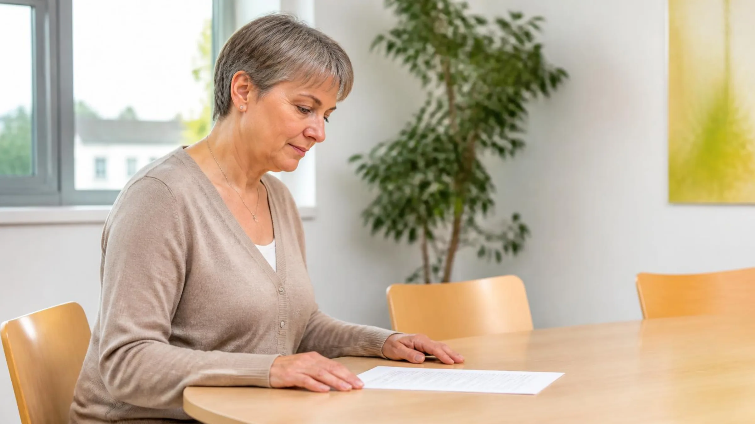 Eine Praxismanagerin liest an einem hellen Tisch eine Arbeitsanweisung