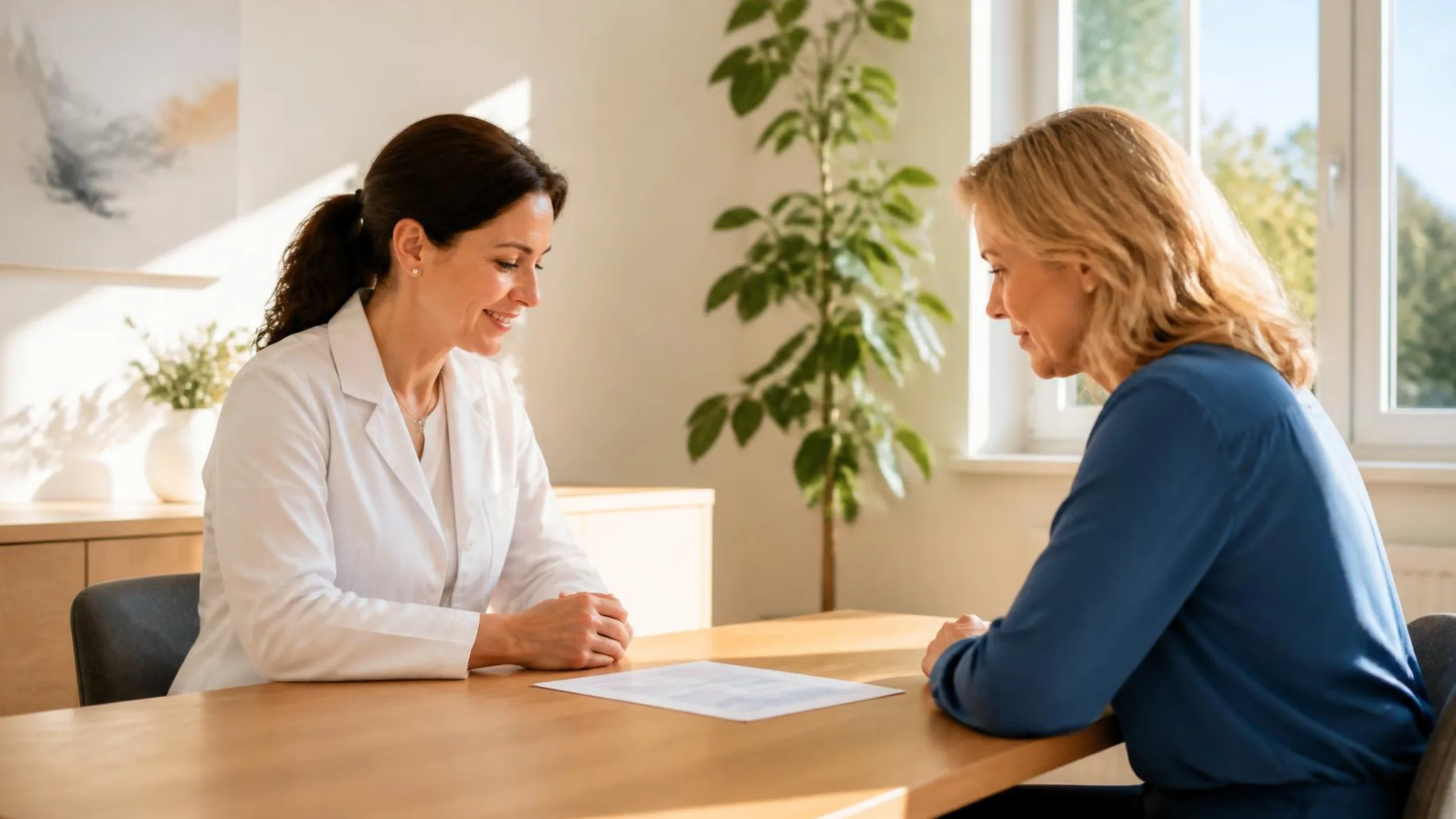 Eine Praxisinhaberin und ihre Praxismanagerin besprechen einen Entwurf