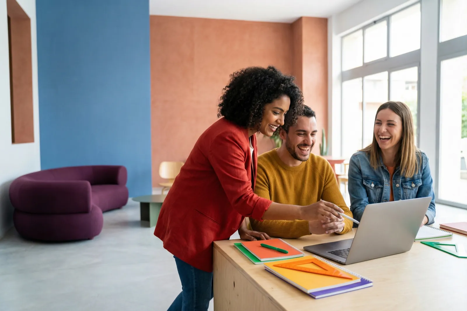 Team arbeitet in einer Schulung gemeinsam an Laptops