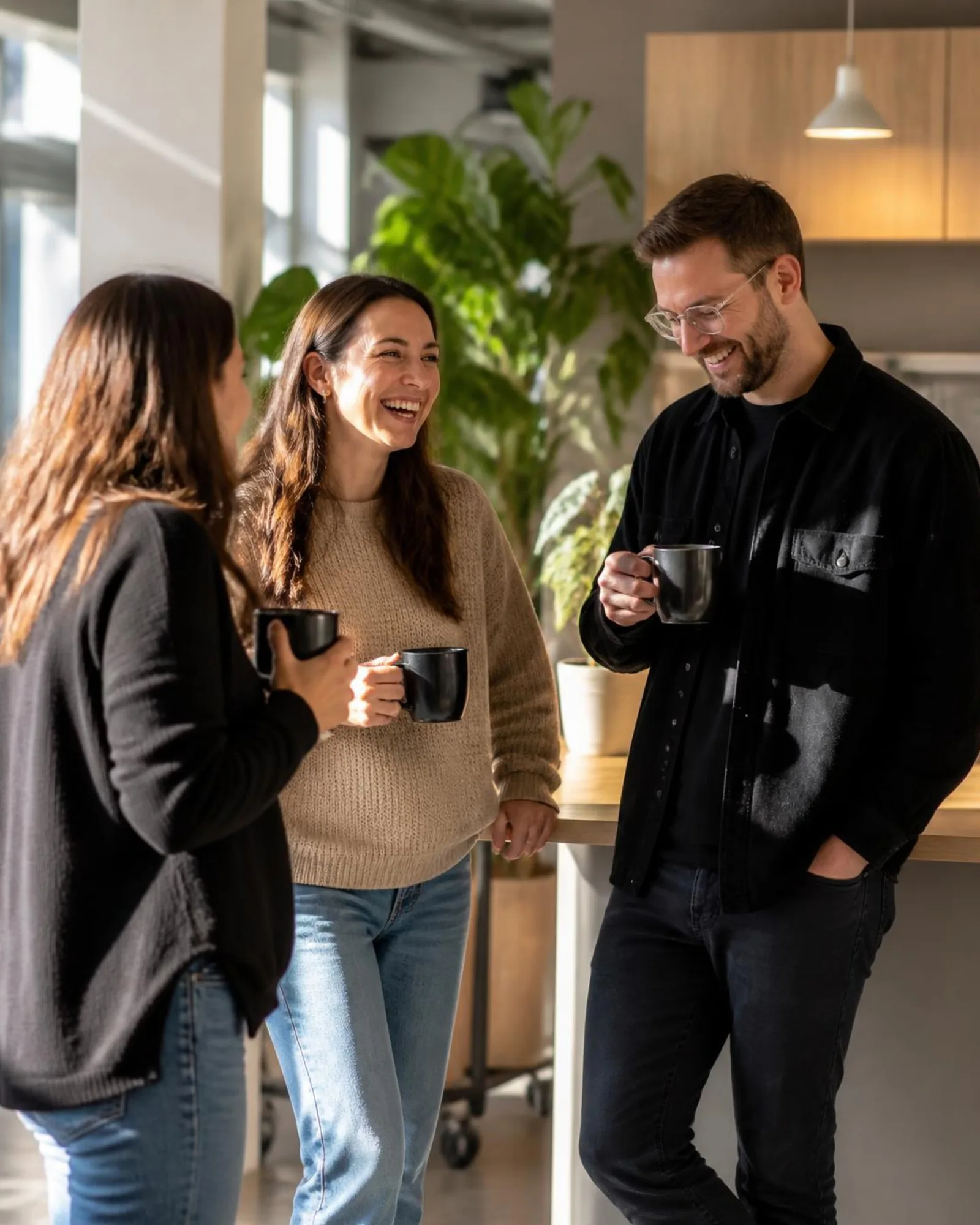 Three colleagues chatting over coffee in a bright office kitchen.