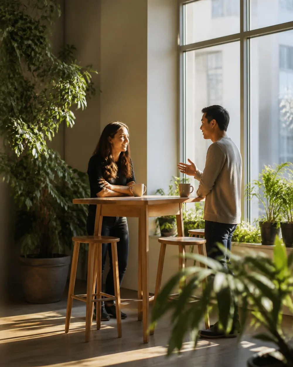 Two colleagues talking at a standing table in a sunny office.