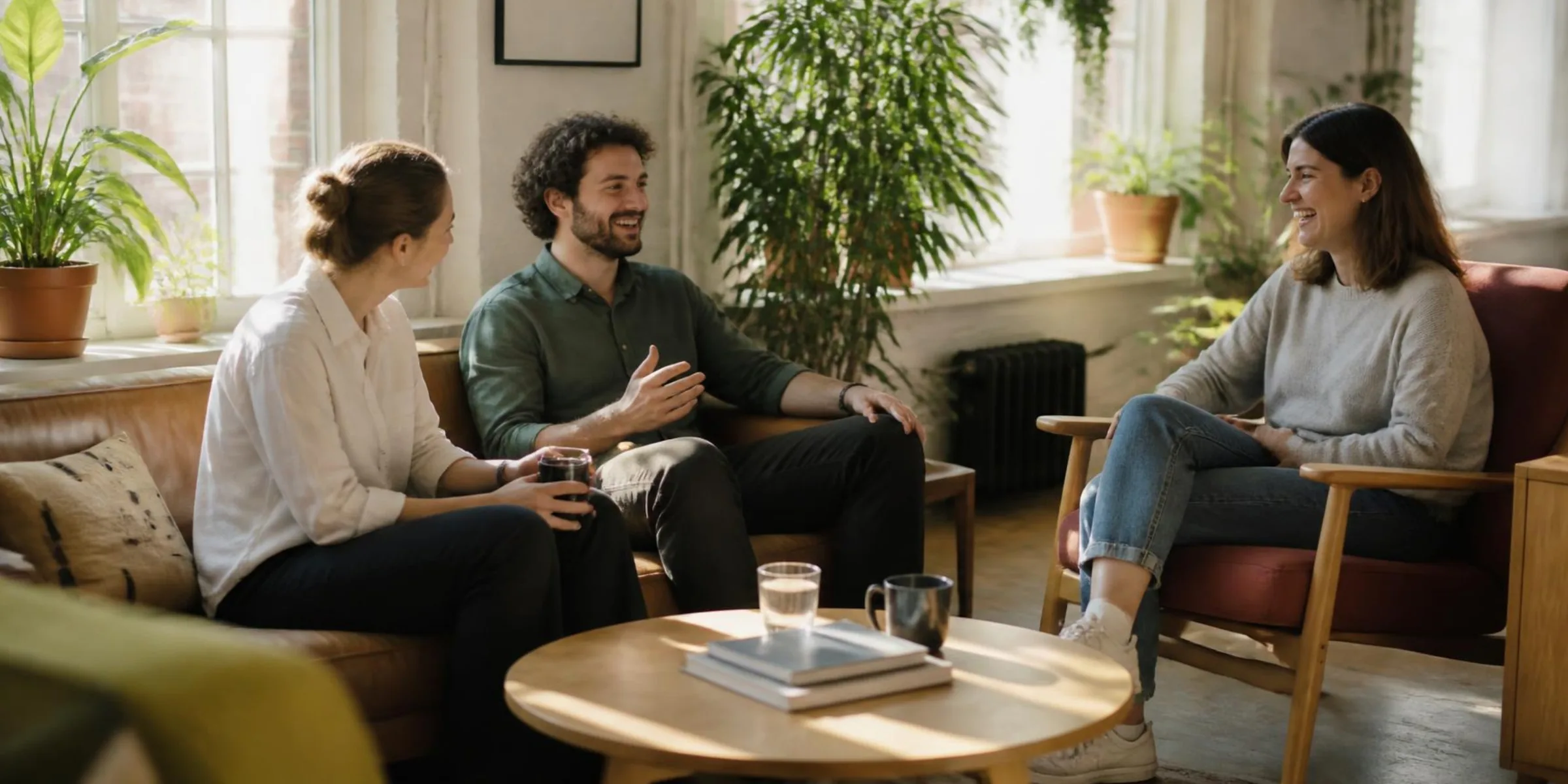 Three colleagues talking in a relaxed way in a bright lounge corner.