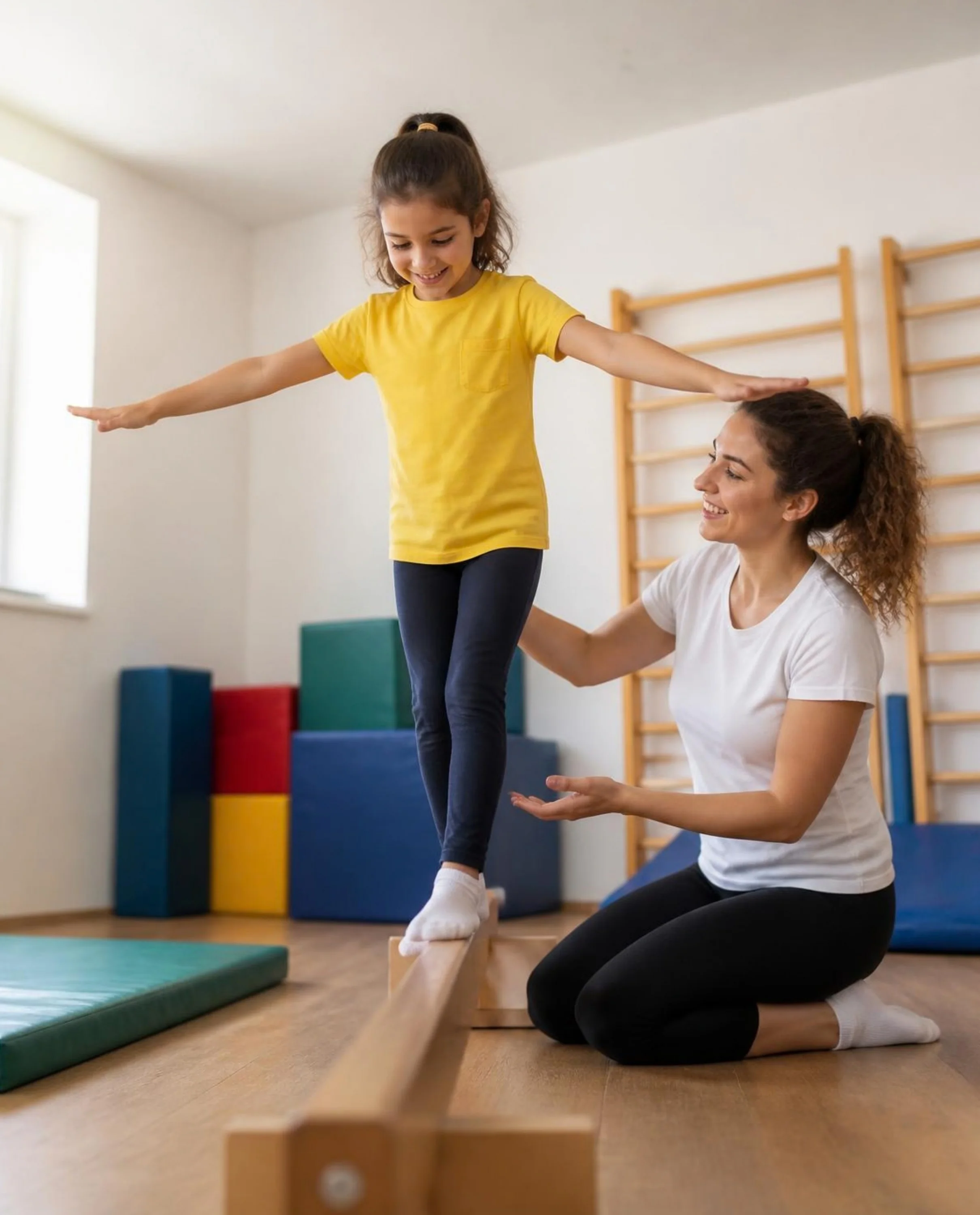 A girl balancing on a beam in the movement room, the therapist kneeling beside her