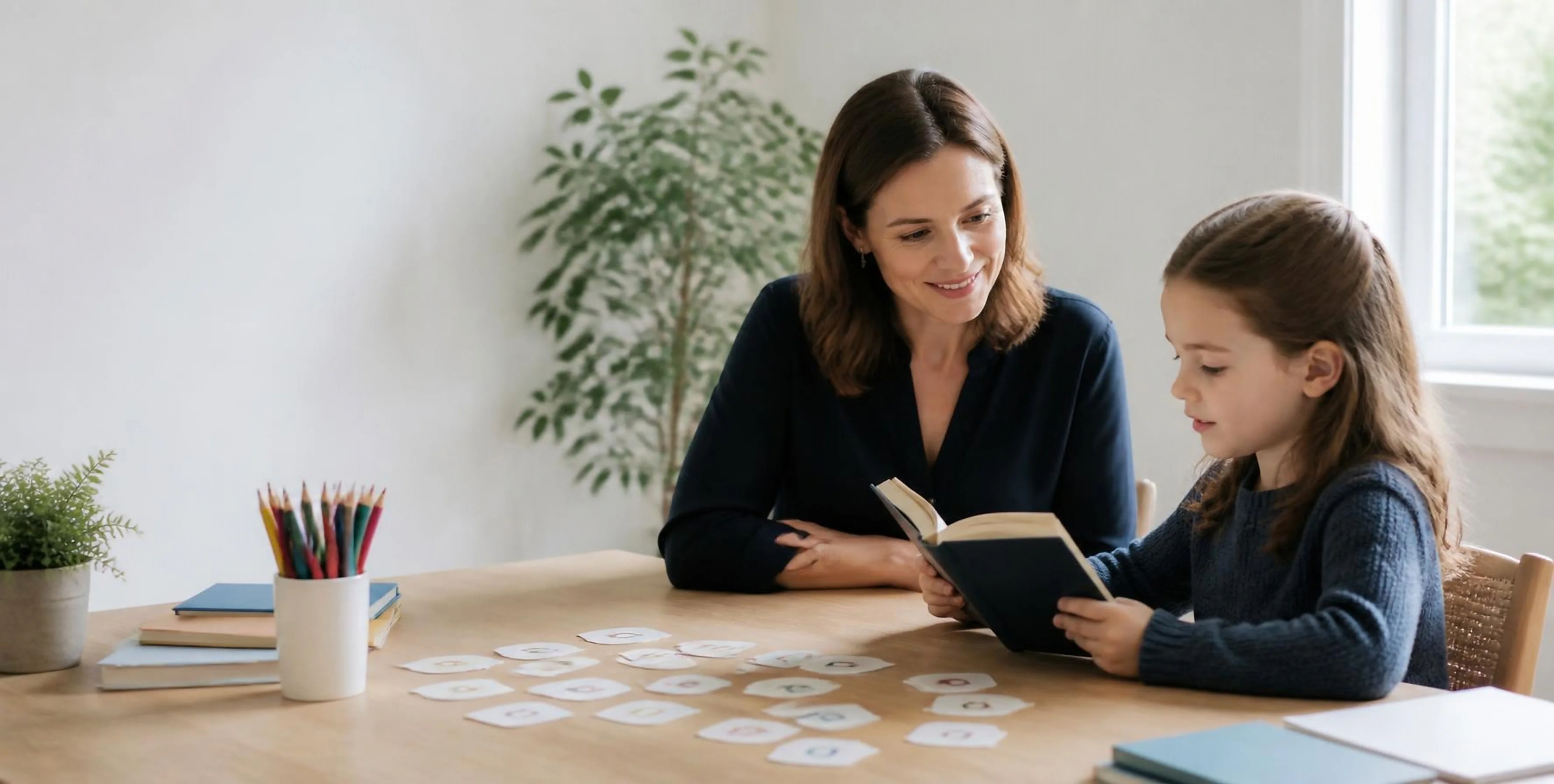 A learning therapist listening to a girl reading