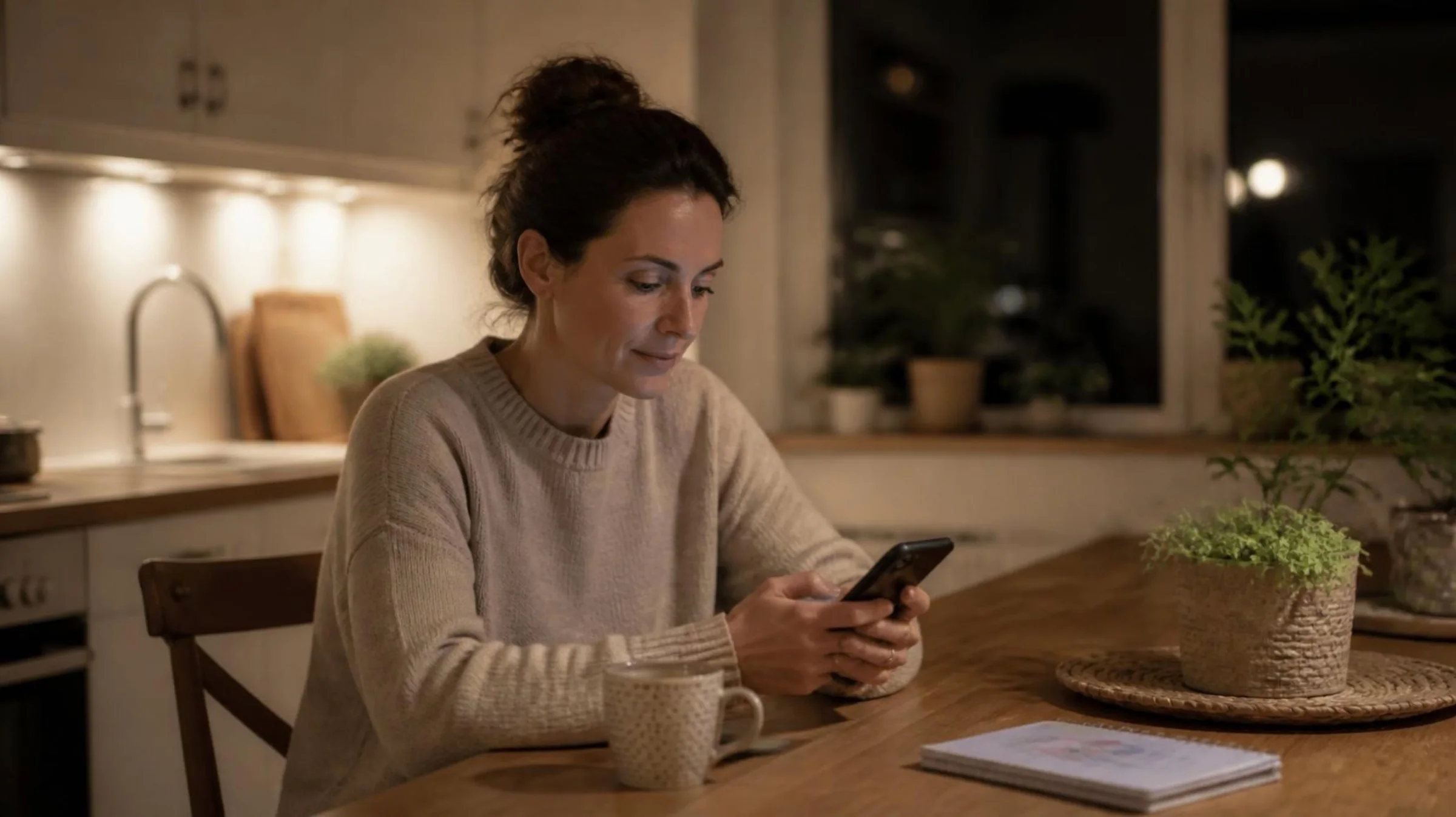A mother booking an appointment on her phone at the kitchen table in the evening