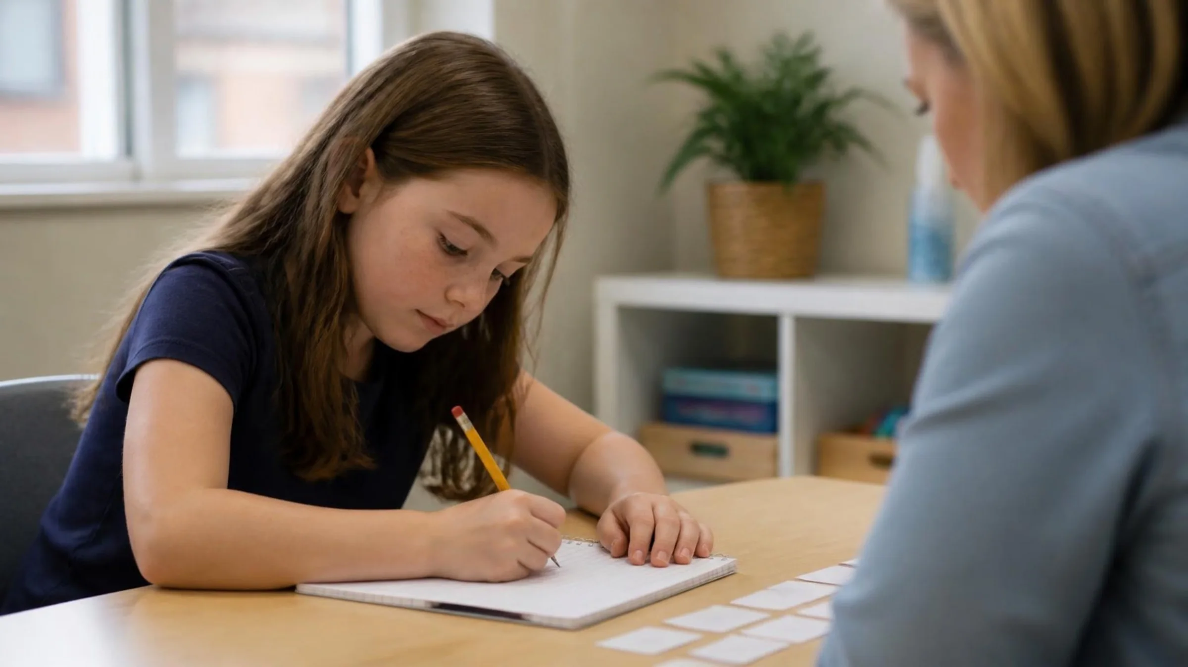 A girl writing words in an exercise book, the therapist beside her