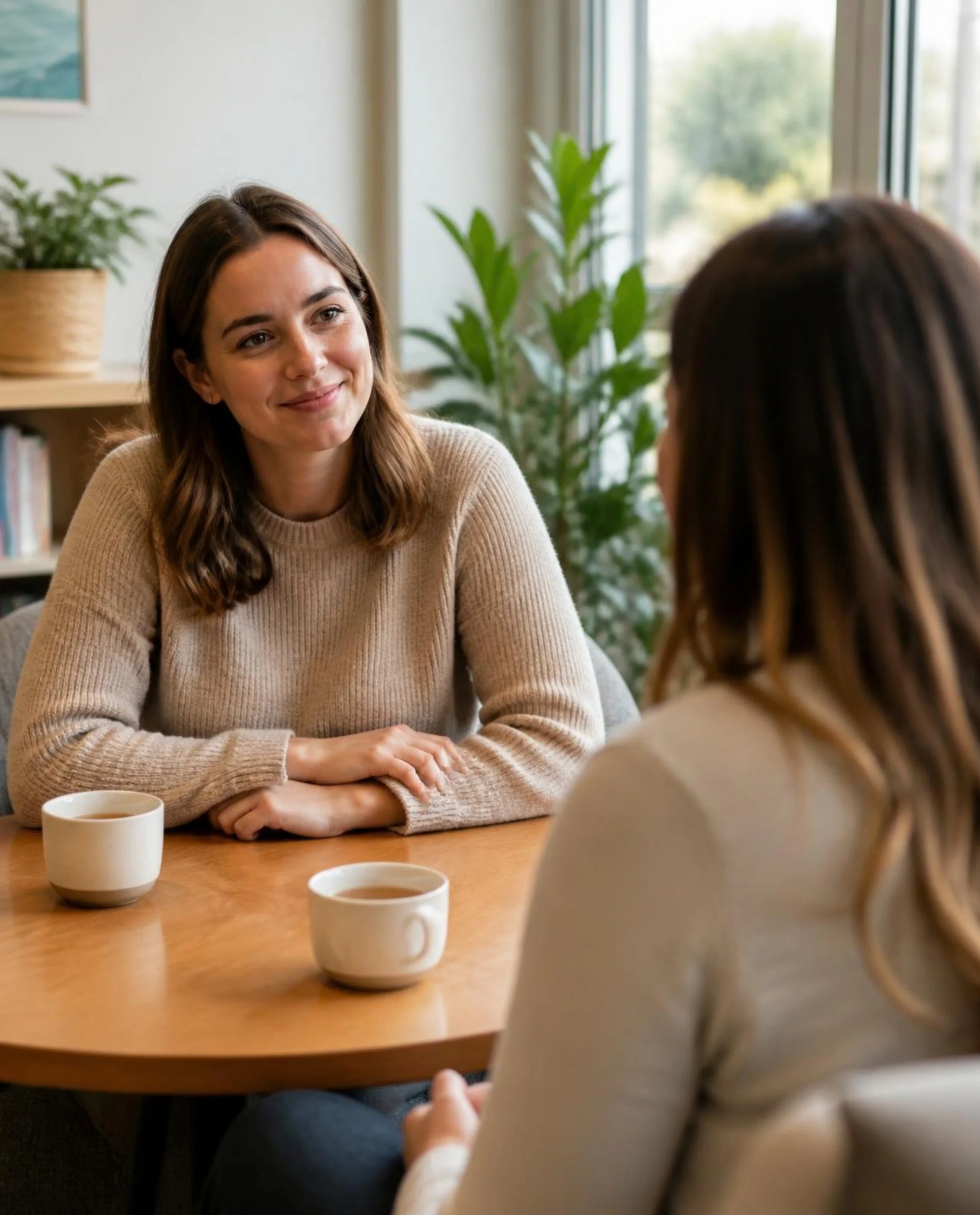 A young therapist listening attentively to a mother at a table