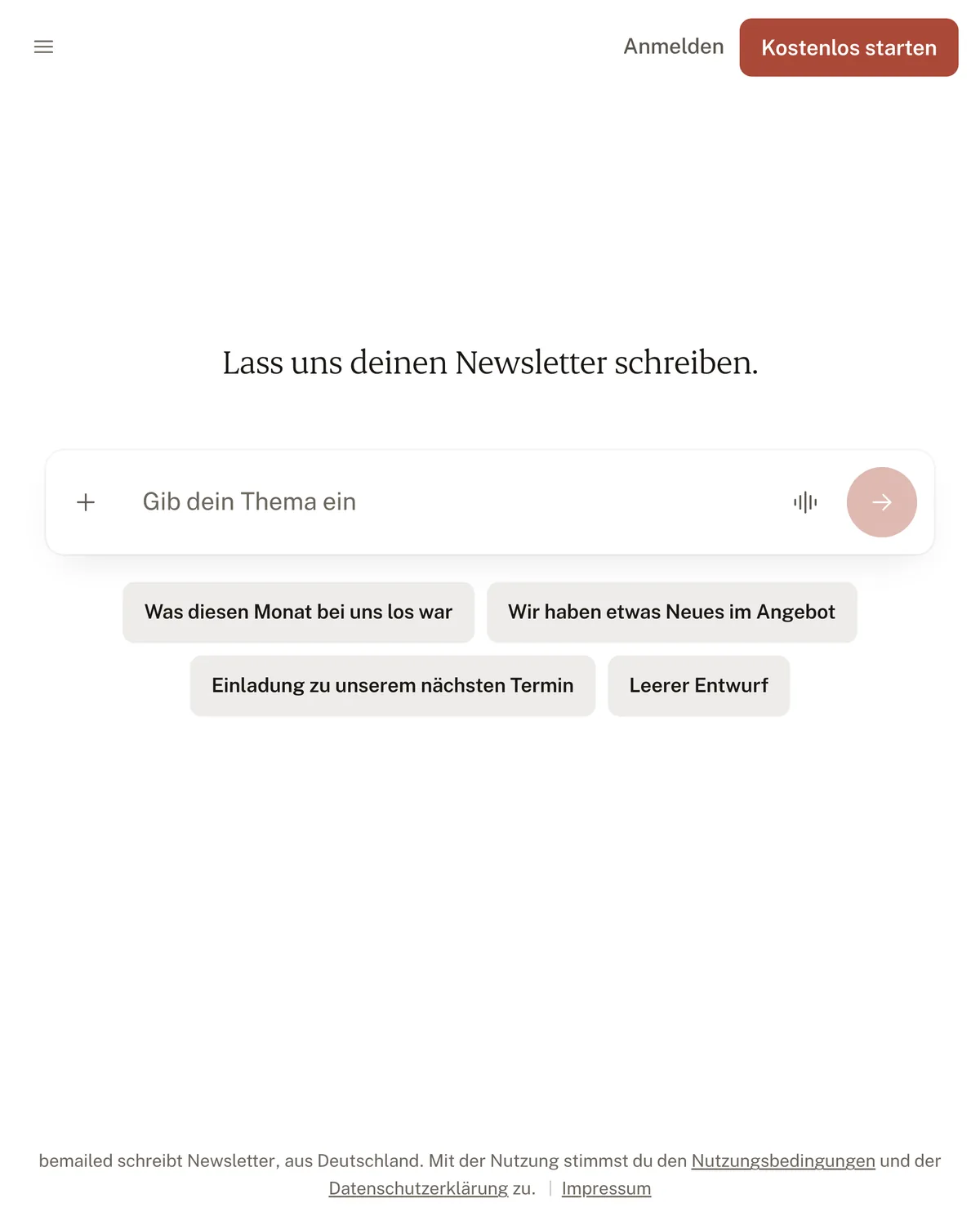 Die Startseite von bemailed mit dem Editor