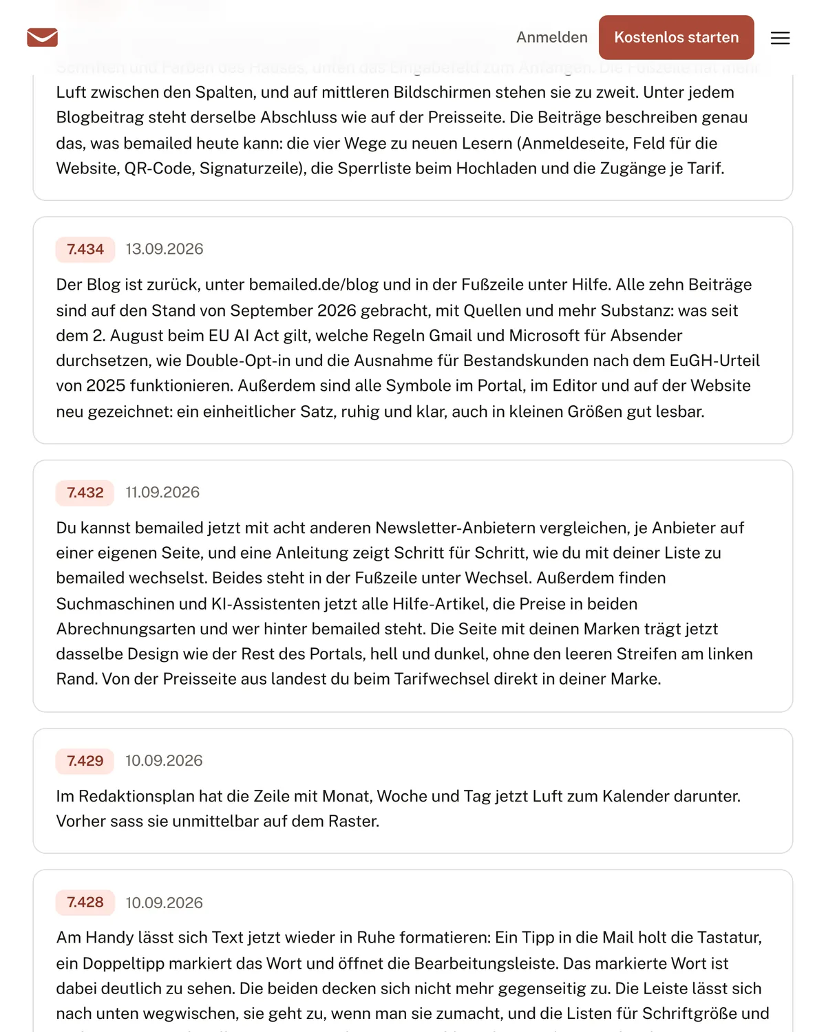 Die Seite mit den Neuerungen von bemailed