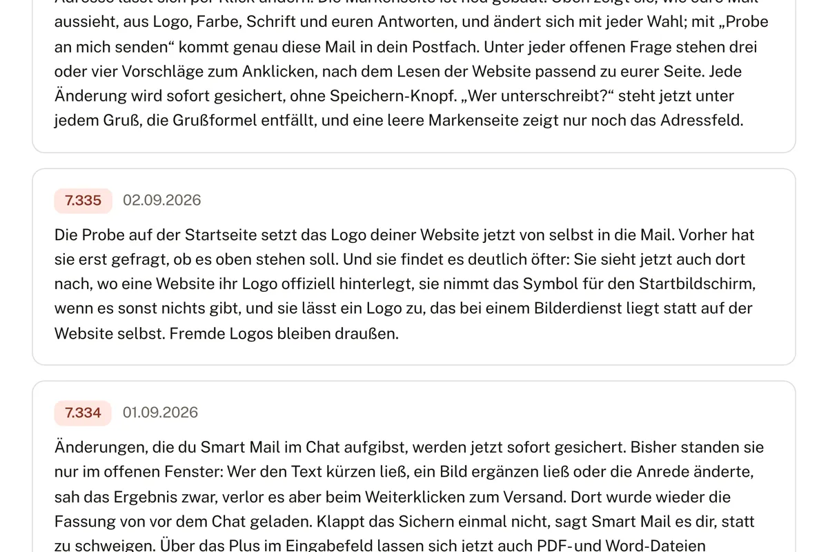 Die Seite mit den Neuerungen von bemailed